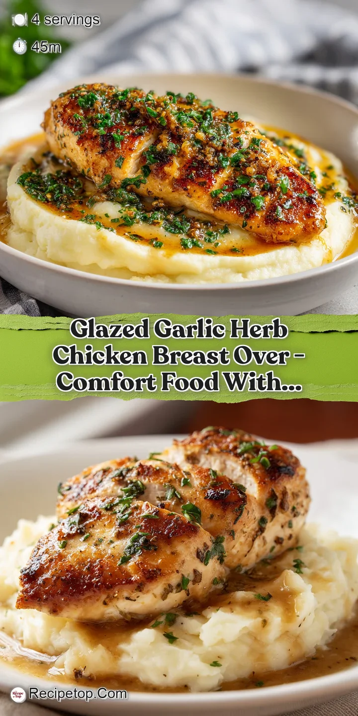 Close-up of a perfectly seared chicken breast with a rich, glossy herb glaze, nestled into a spoonful of velvety, steamy m...