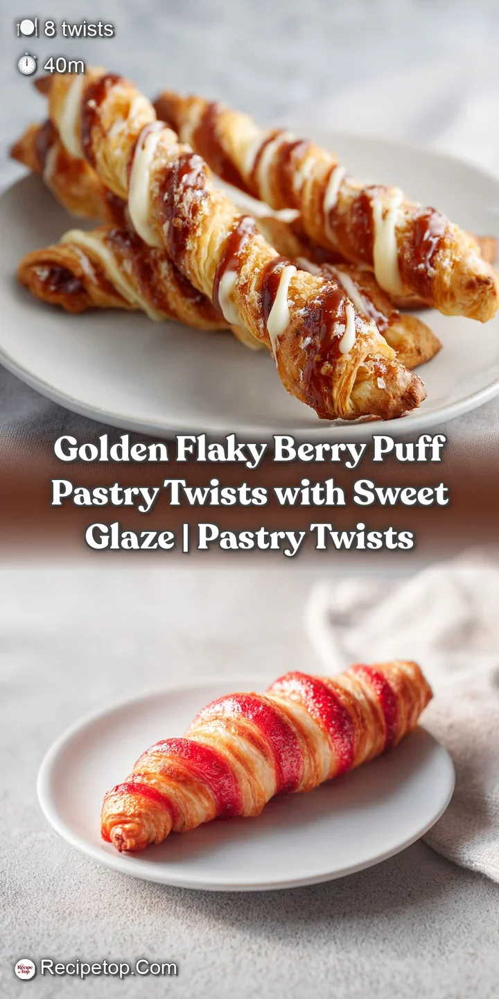 Close-up of flaky puff pastry spirals with a glossy sheen, revealing plump, juicy berries within.