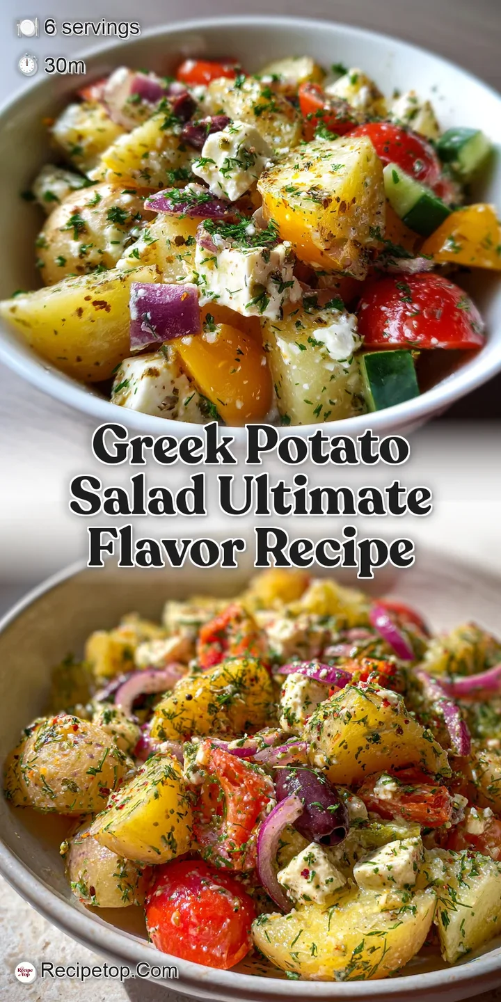 Close-up of bright Greek potato salad. Creamy potatoes, vibrant red onion, dill, parsley, and a drizzle of golden olive oil.