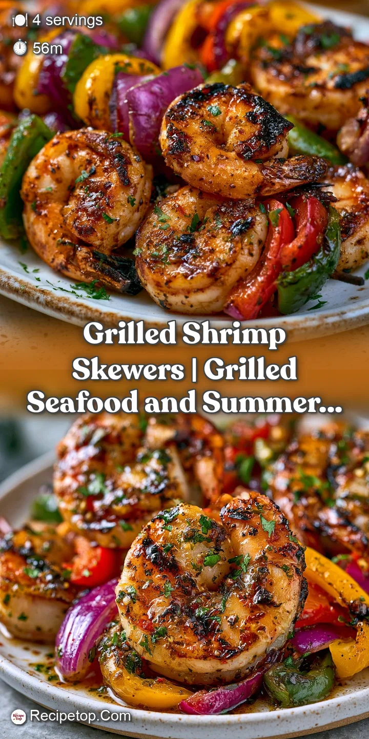 Close-up of a succulent, charred shrimp with a golden glaze and a piece of charred red pepper on a wooden skewer.