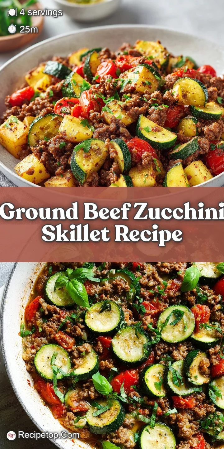 Close-up reveals textured ground beef with melted bits of cheese, glistening zucchini, and flecks of fresh herbs. Hearty, ...