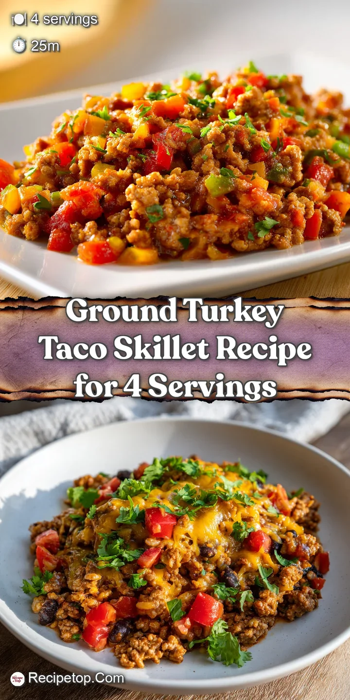 Close-up of browned ground turkey taco skillet with melted cheese, capturing the glistening texture of the meat and the vi...