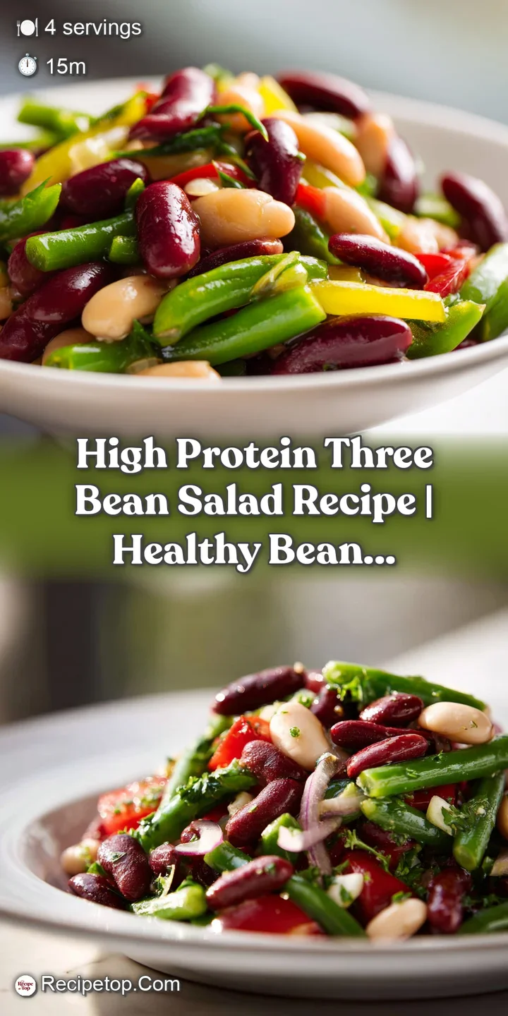 Close-up of the glistening, marinated beans, highlighting the fresh herbs and colorful bell peppers mixed within the salad.