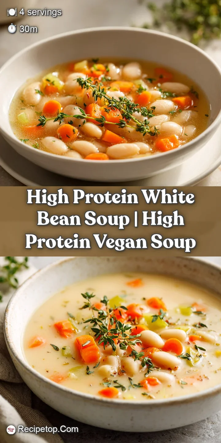 Close-up of tender white beans and orange carrots in a rich, velvety broth with a sprinkle of cracked black pepper.