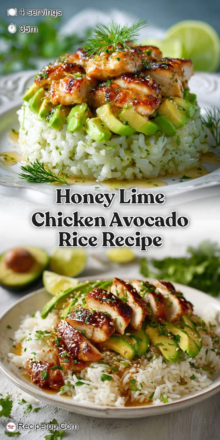 Succulent chicken glistening with a honey-lime glaze, paired with creamy avocado slices on a bed of fluffy rice. An appeti...