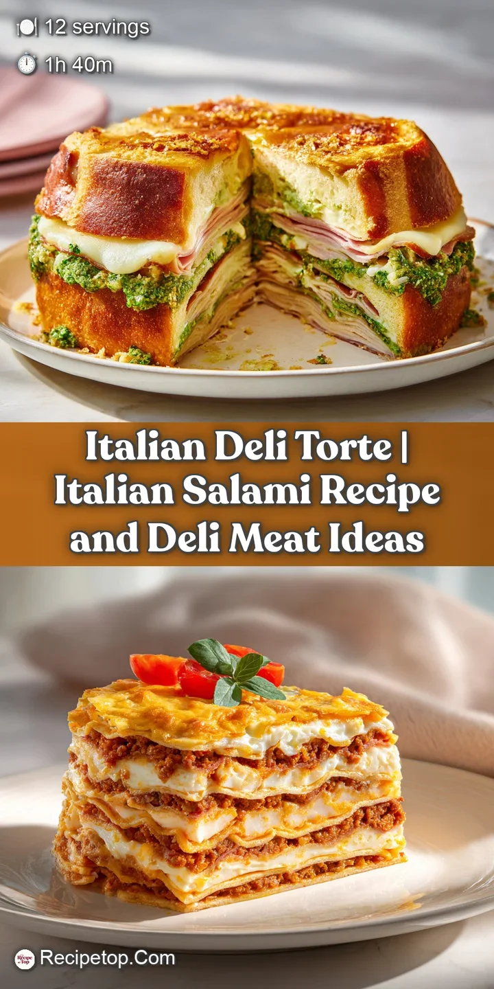 Close-up of the Italian deli torte, revealing glistening meats, creamy cheeses, and hints of vibrant red peppers.