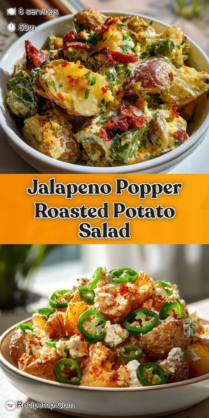 Close-up of jalapeno popper potato salad: creamy dressing coats crispy potatoes and spicy pepper bits with bacon.