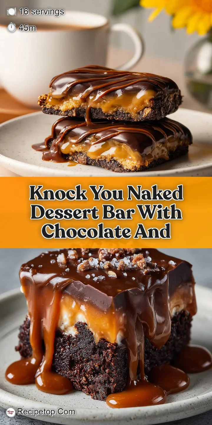 Close-up of a caramel-chocolate dessert bar, glistening with melted caramel and studded with golden-brown pecan pieces.