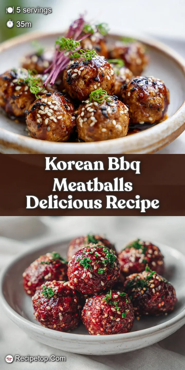 Close-up reveals the sticky, glazed texture of a Korean BBQ meatball, flecked with sesame seeds and a hint of fresh green ...