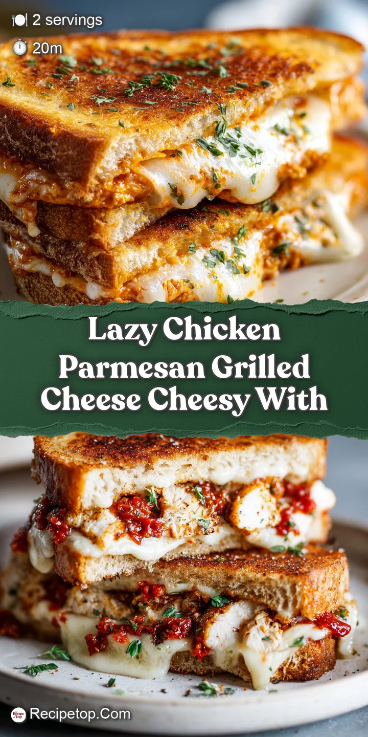 Close-up of a chicken parmesan grilled cheese oozing with melted cheese and flavorful tomato sauce. Golden, toasted bread.