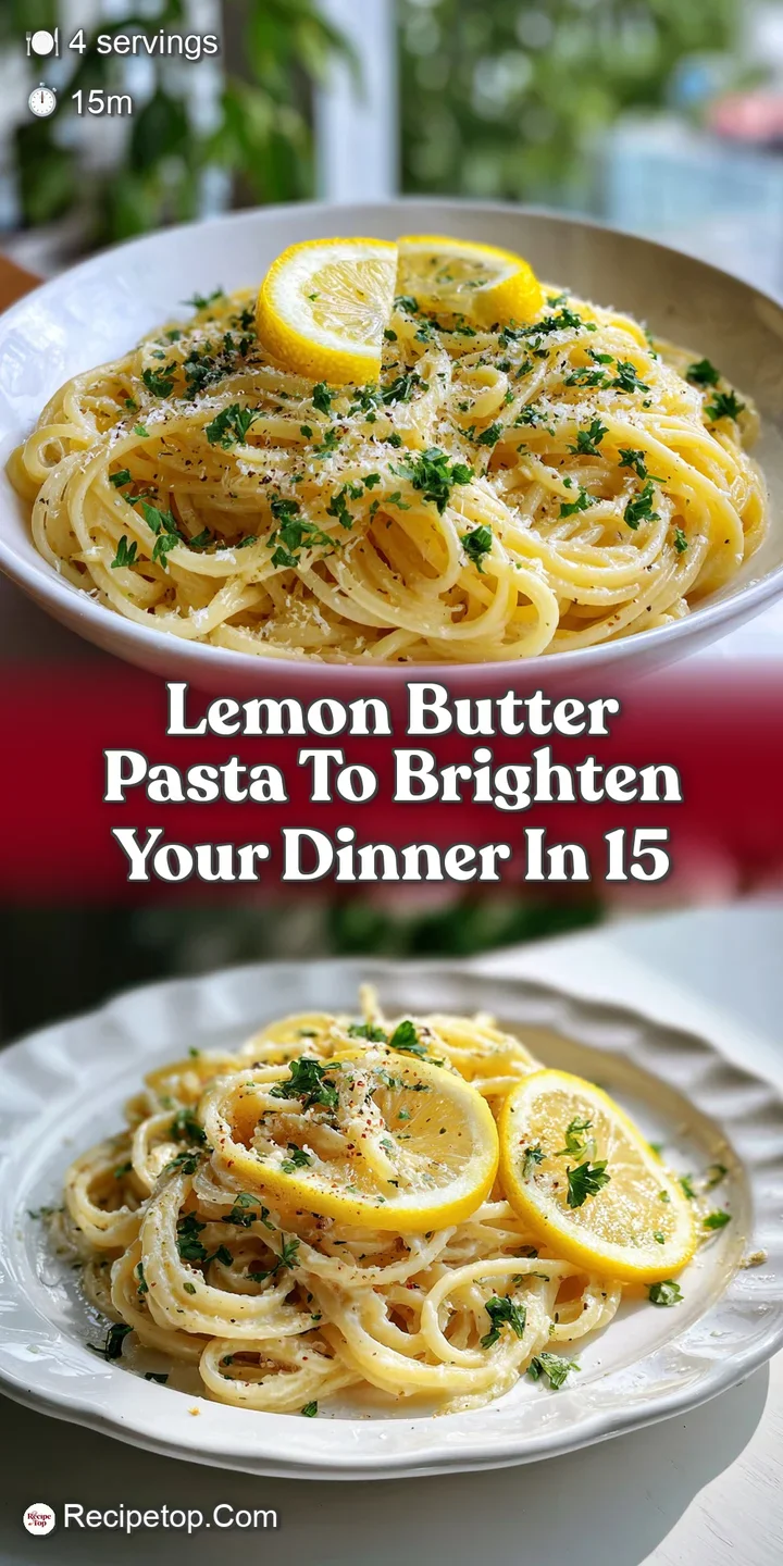 Close-up of creamy lemon butter pasta; strands coated in shimmering sauce with specks of pepper and fresh parsley. Delicious!