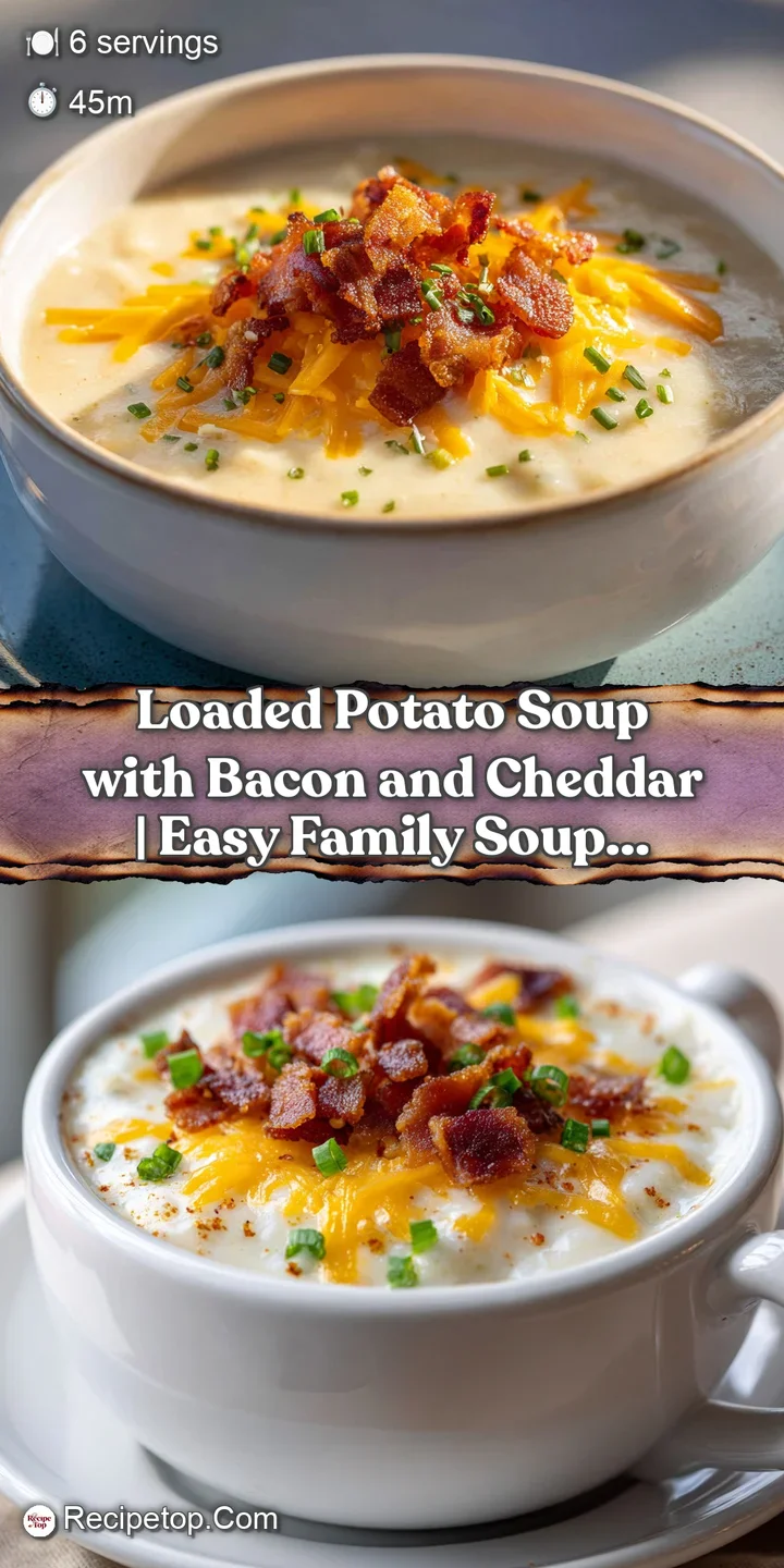 Close-up of creamy potato soup texture, showing melted cheddar and savory bacon crumbles.