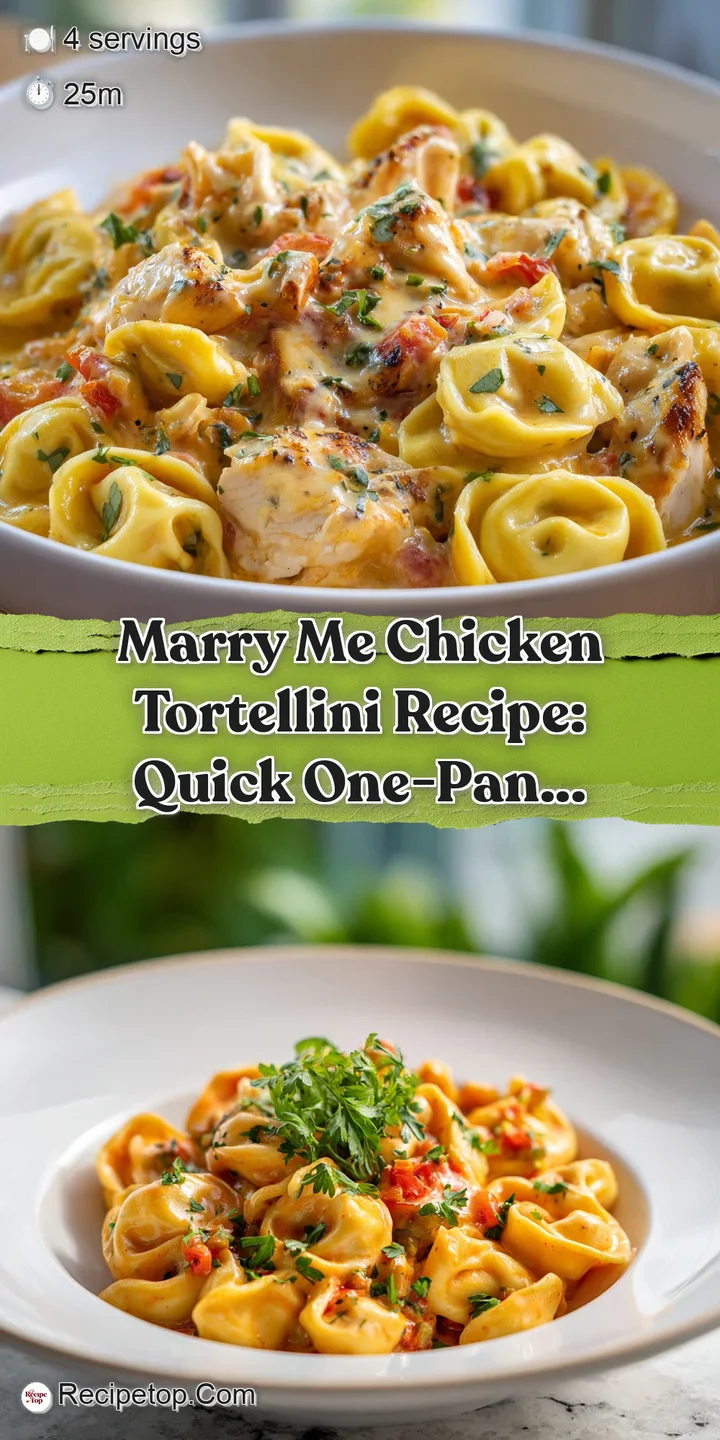 Close-up of creamy, cheese-filled tortellini coated in a rich sauce with tender chicken and vibrant sun-dried tomatoes. Wa...