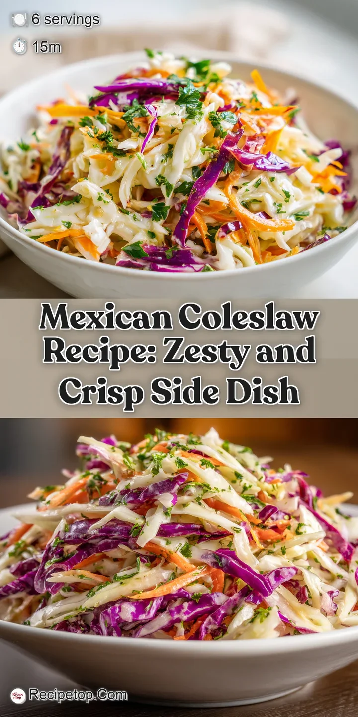 Close-up of creamy, vibrant Mexican coleslaw: shredded cabbage, bright carrots, red onion, and cilantro with a tangy dress...
