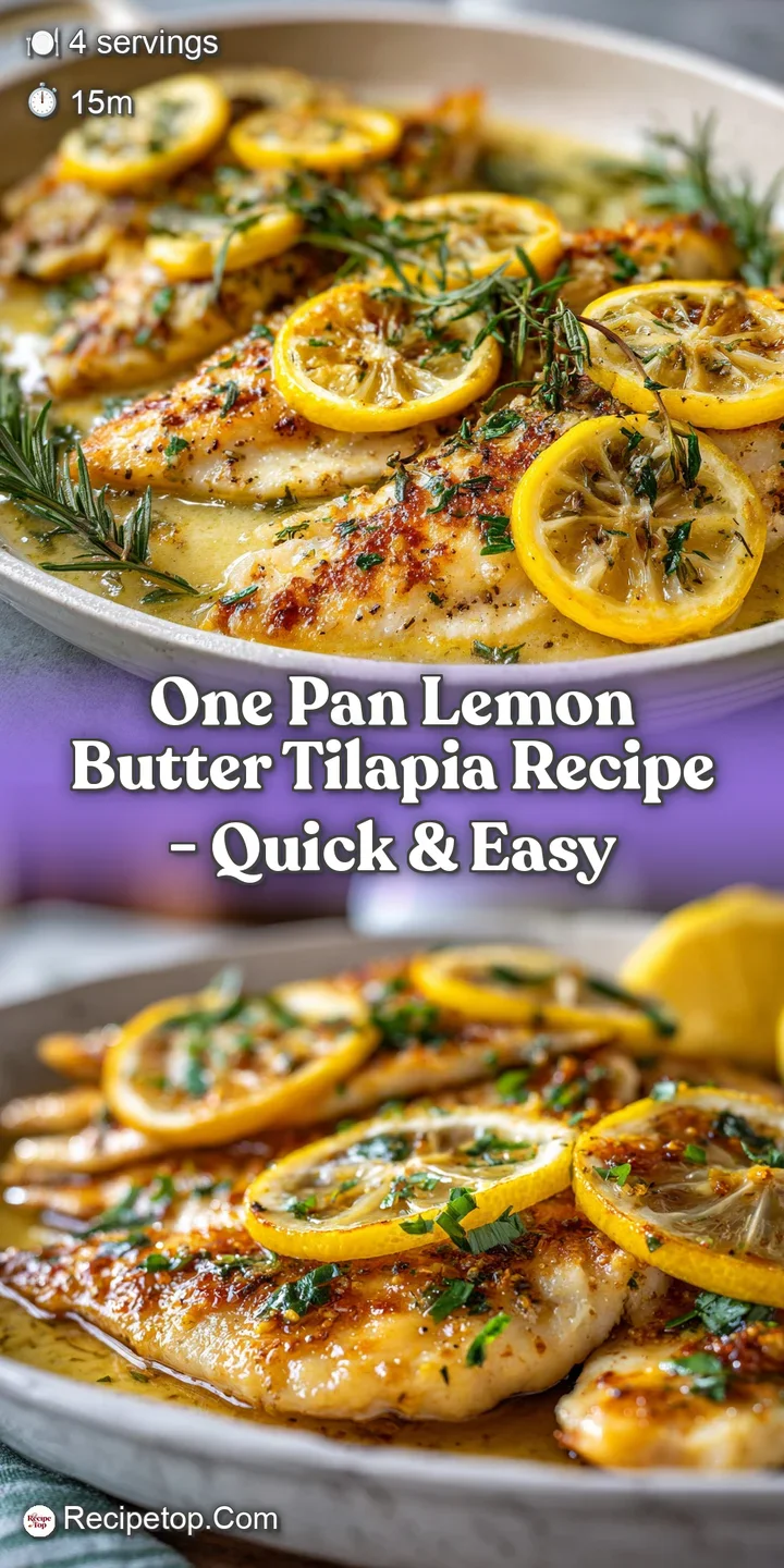 Close-up of tender tilapia bathed in a bright lemon butter sauce. Fresh herbs and cracked pepper create a mouthwatering te...