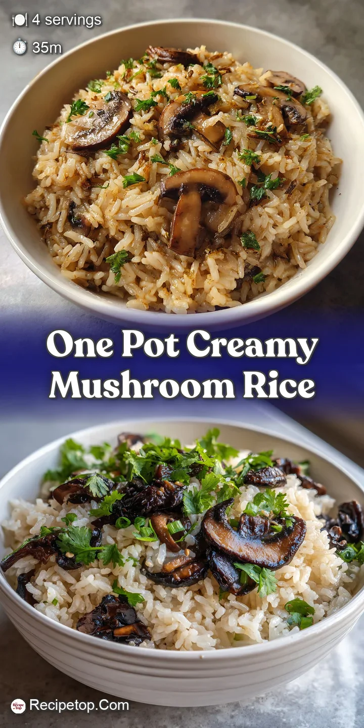 Close-up view of creamy mushroom rice; glistening grains and tender mushrooms offer a savory visual promise.