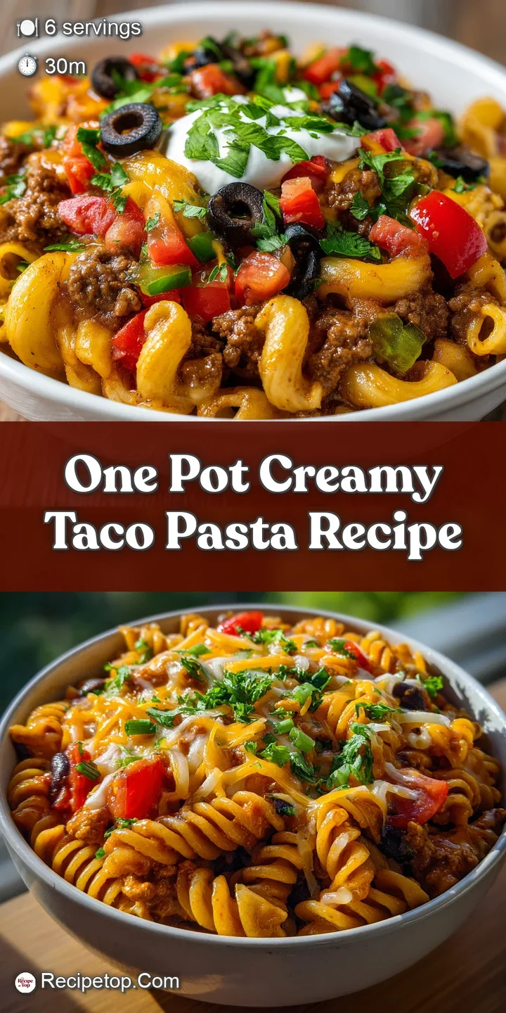 Close-up shot of creamy taco pasta, highlighting the gooey melted cheese and speckled with juicy, seasoned ground beef.