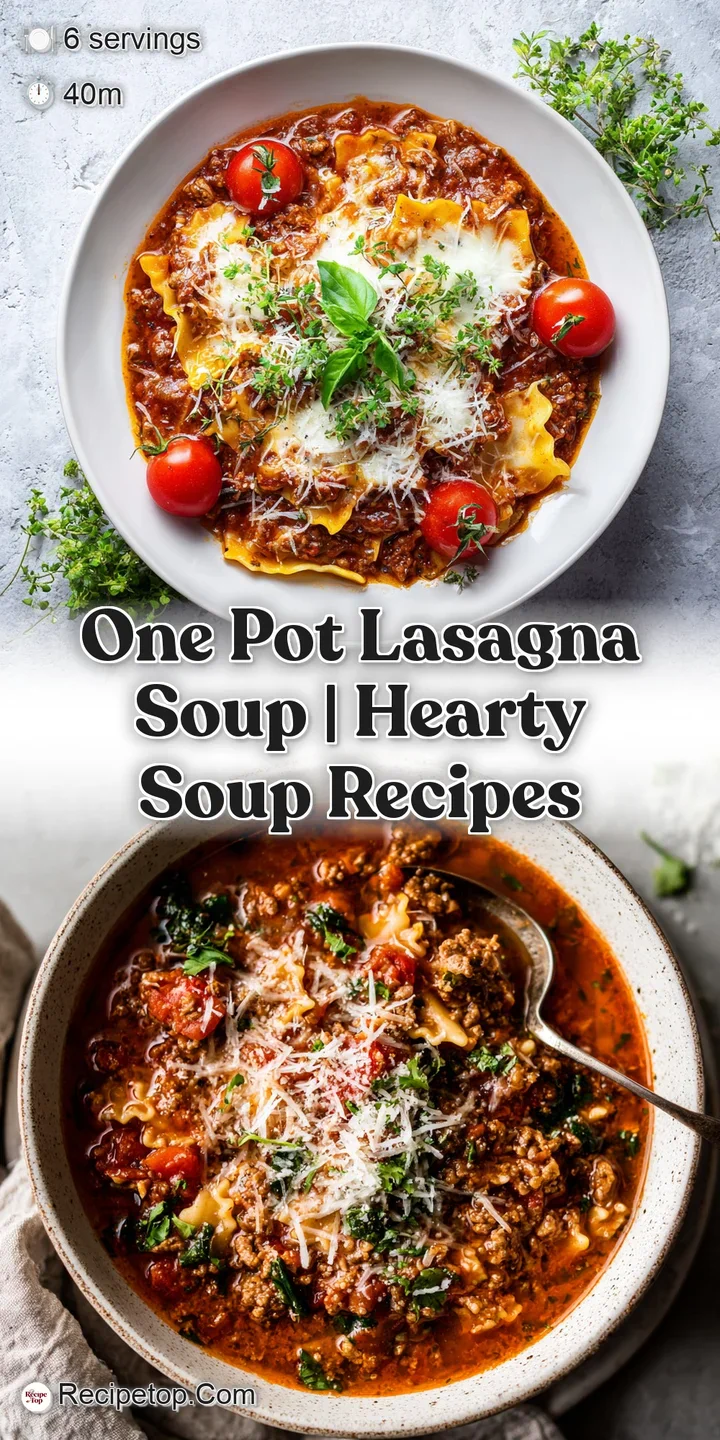 Close-up of a comforting lasagna soup, showcasing tender pasta ribbons and rich, savory tomato broth.