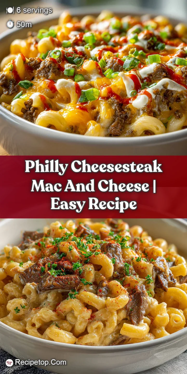 Melted cheese stretches across golden pasta and savory steak. Hints of caramelized onion peek from beneath the creamy sauce.