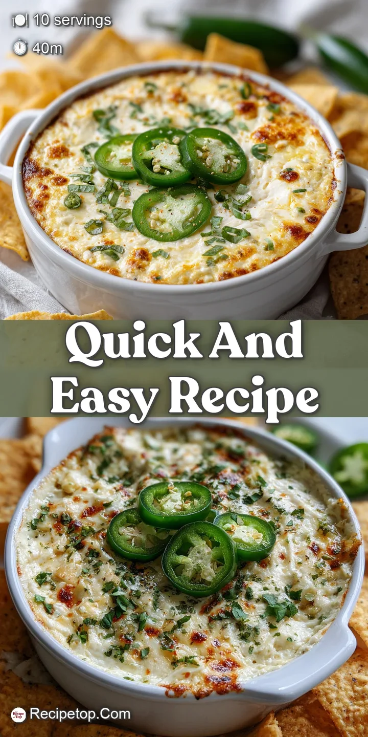 Close-up of cheese dip revealing melted cheese strands and glistening jalape&ntilde;o slices. Bubbling texture hints at a warm, s...