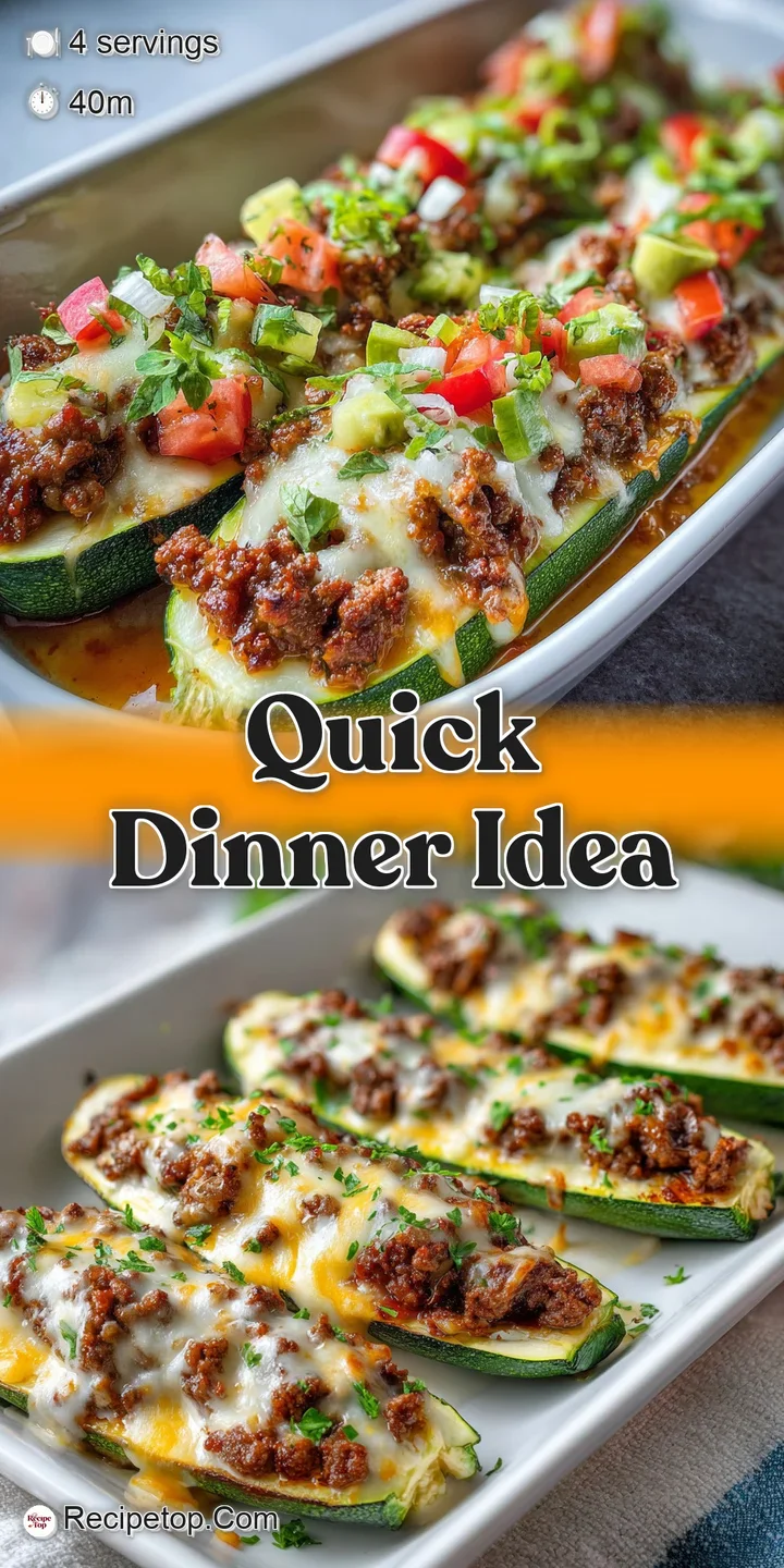 Close-up of a juicy zucchini boat filled with seasoned ground beef and bubbling, golden-brown melted cheese.