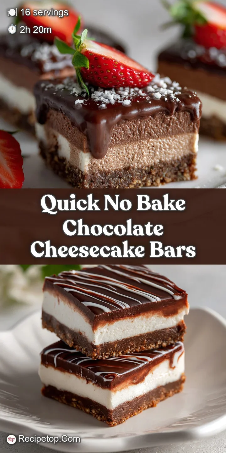 Close-up of a no-bake chocolate cheesecake bar reveals the creamy filling & cookie crust. Rich color and smooth texture!