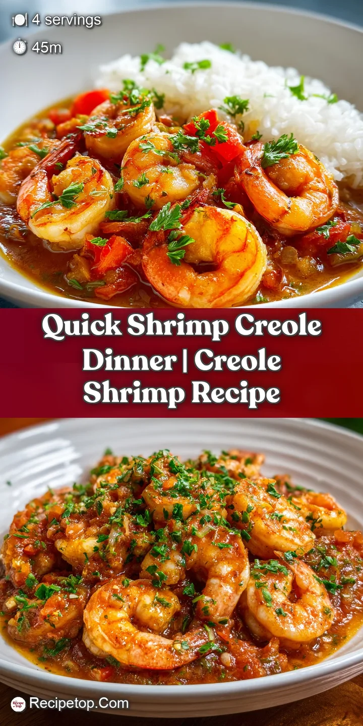 Close-up of plump, pink shrimp bathed in a thick, flavorful Creole sauce with visible herbs and diced tomatoes.