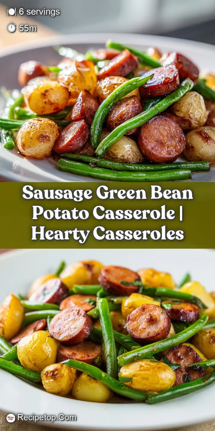 Extreme close-up of savory browned sausage slices and crisp green beans glistening in a rich, creamy golden sauce.