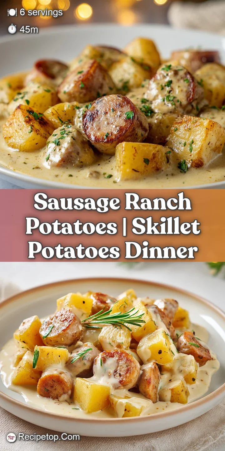 Close-up of gooey, melted cheese stretching over browned potato cubes and juicy sausage slices in a rich white sauce