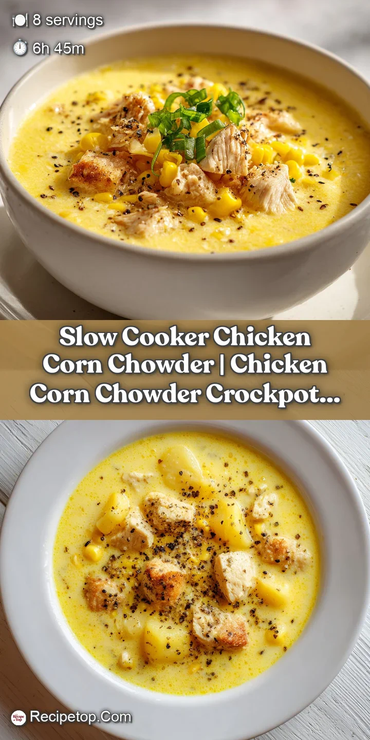 Close-up of velvety gold soup featuring glistening corn kernels and succulent pieces of tender white meat chicken.