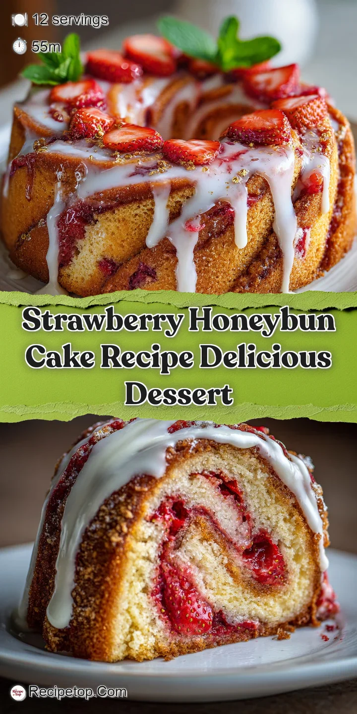 Close-up reveals moist, fluffy crumb of strawberry honeybun cake. Swirls of red jam and sugary glaze create a tempting, sw...