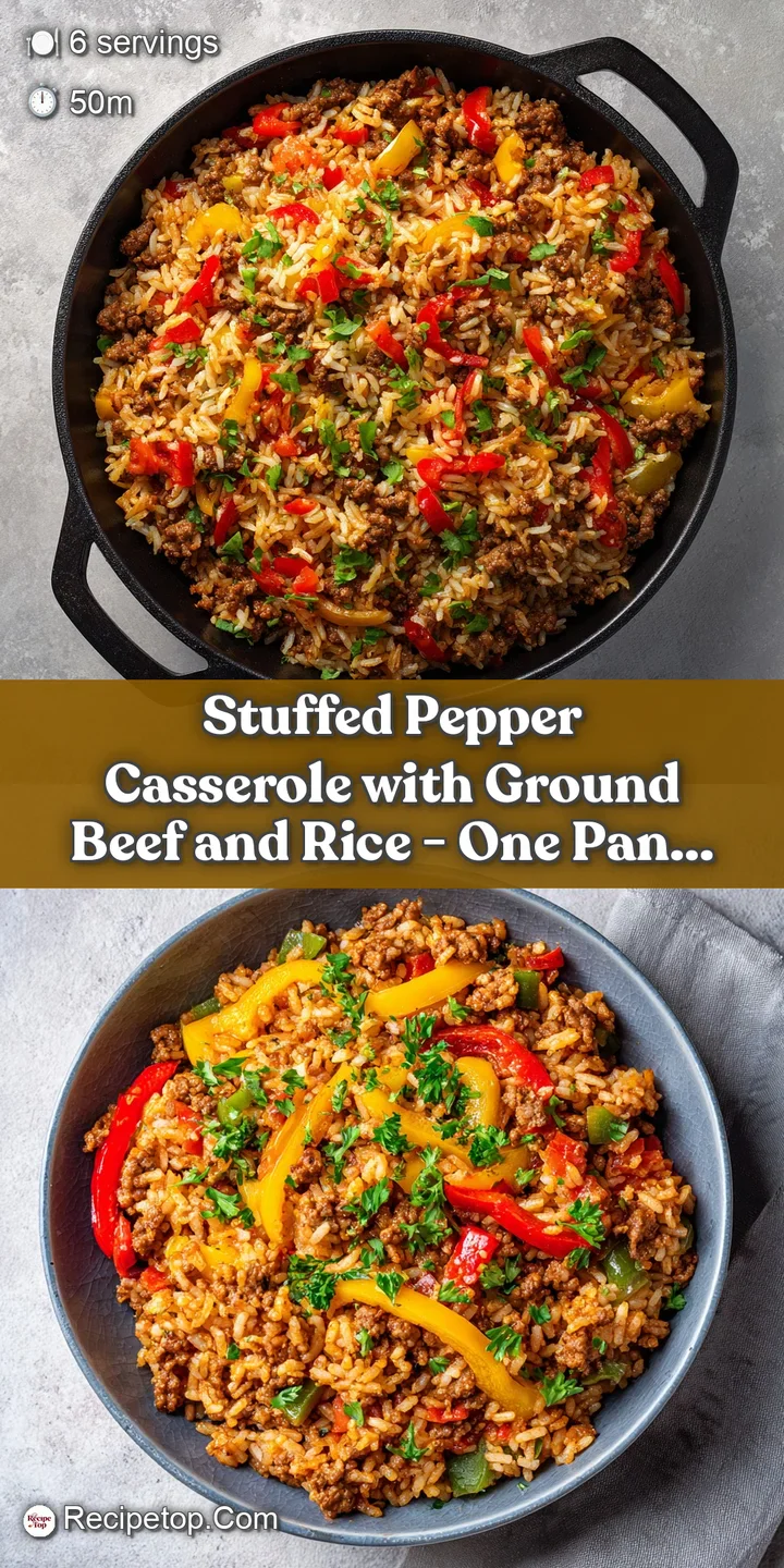 A close-up reveals juicy, seasoned ground beef and fluffy rice peeking from a tender, slightly charred bell pepper.