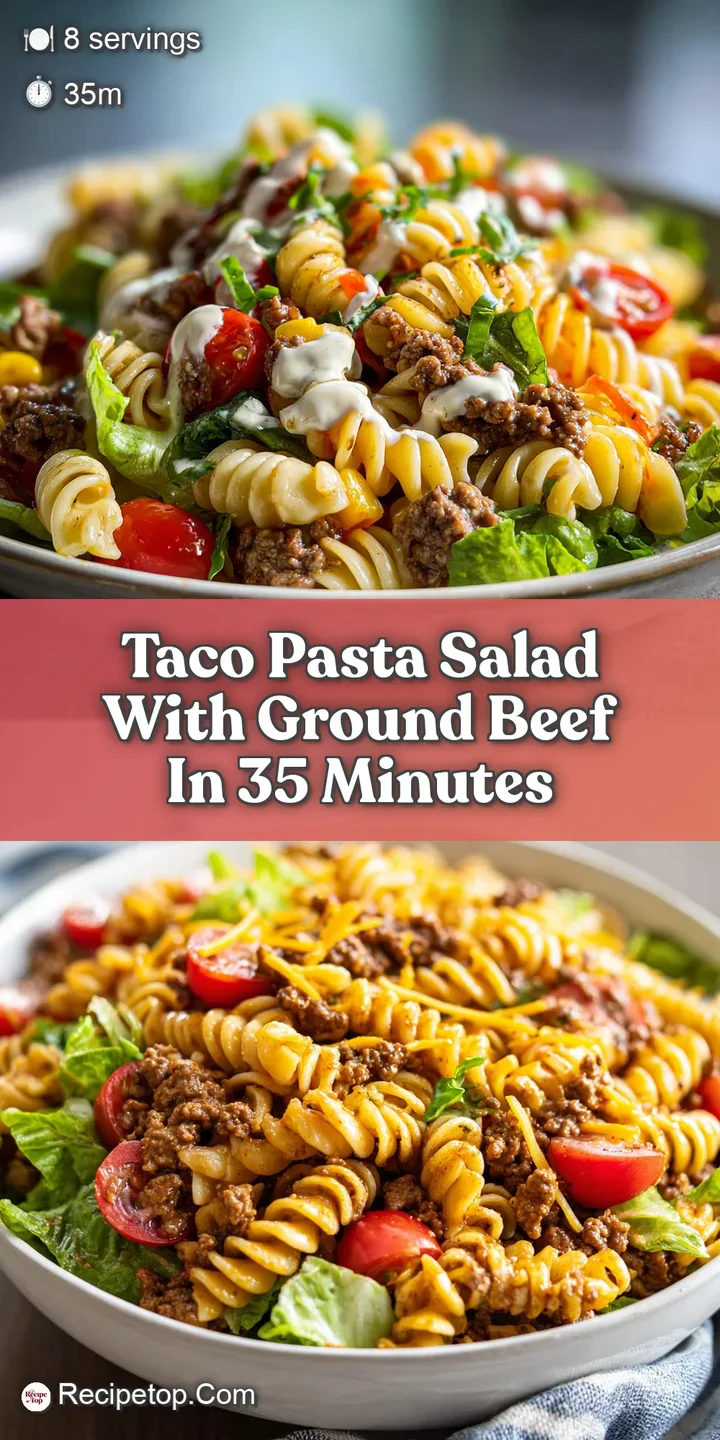 Close-up of taco pasta salad showing seasoned ground beef, tender pasta, juicy tomatoes, and creamy dressing clinging to e...
