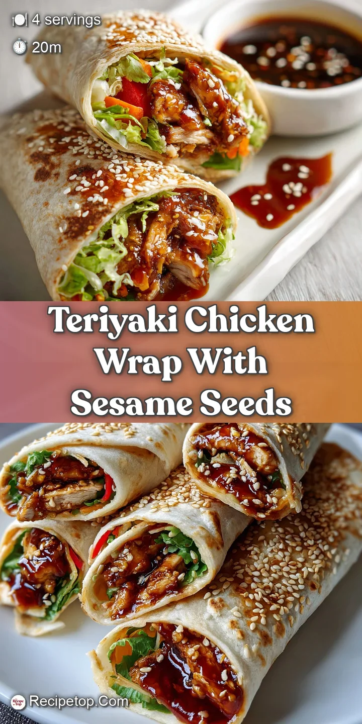 Close-up of a juicy teriyaki chicken wrap. See the steaming chicken and the shimmering sauce with toasted sesame seeds.