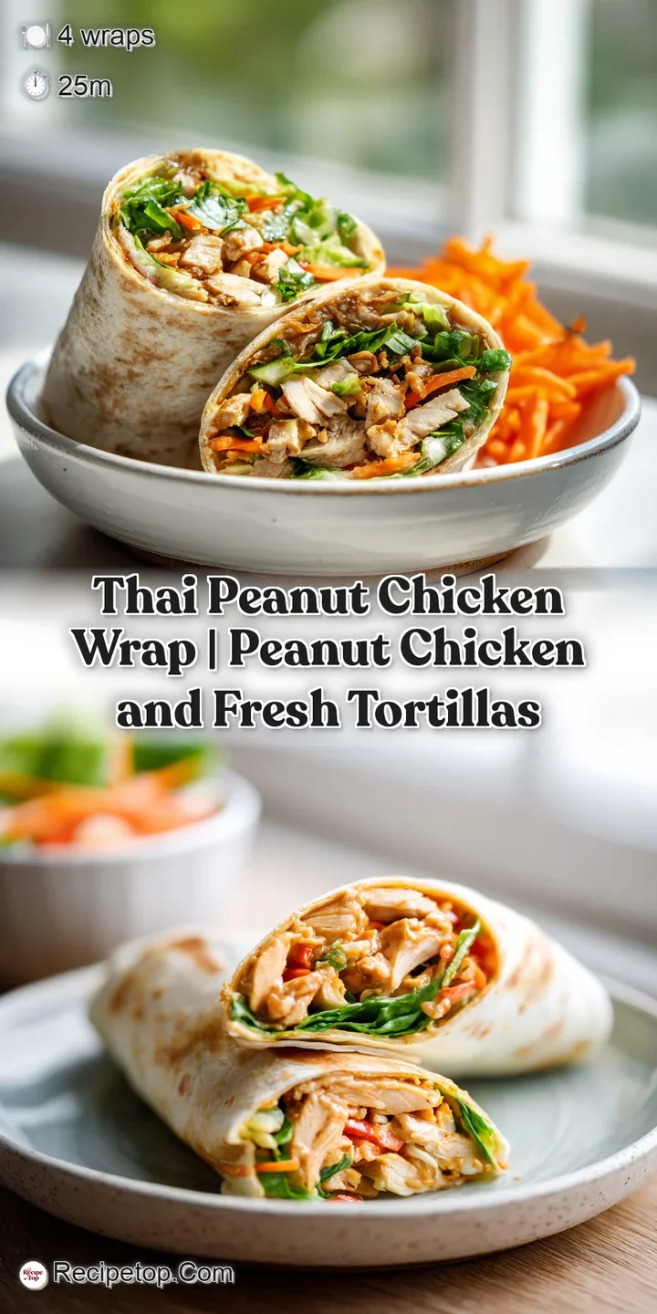 Close-up of a savory wrap with creamy peanut sauce drizzling over tender shredded chicken and vibrant vegetables.