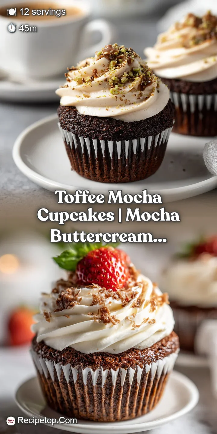 Close-up of a moist chocolate cupcake with swirls of creamy mocha frosting and golden toffee shards.