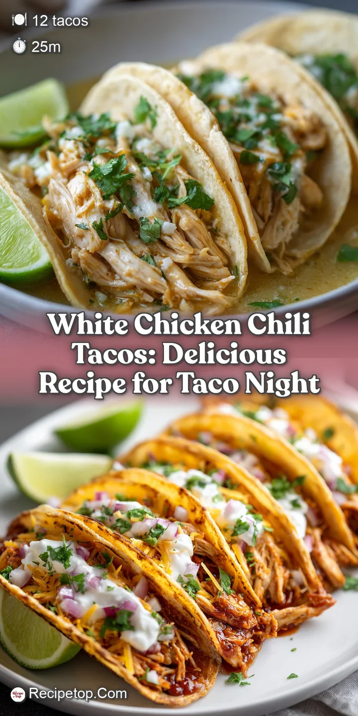 Close-up of a juicy taco overflowing with tender white chicken chili, showcasing the creamy texture and vibrant green cila...