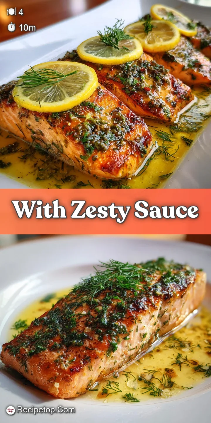 Close-up of tender salmon, its surface glistening with a light, lemony sauce. Fresh dill adds a pop of green and herbaceou...