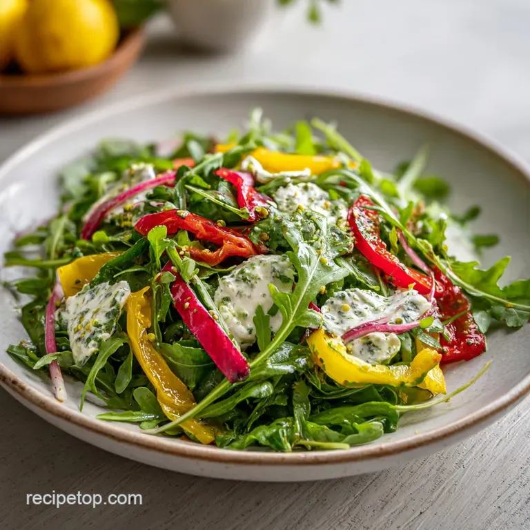 Arugula salad elegantly plated, peppery greens tossed in a light, shimmering lemon dressing, ready to be enjoyed.