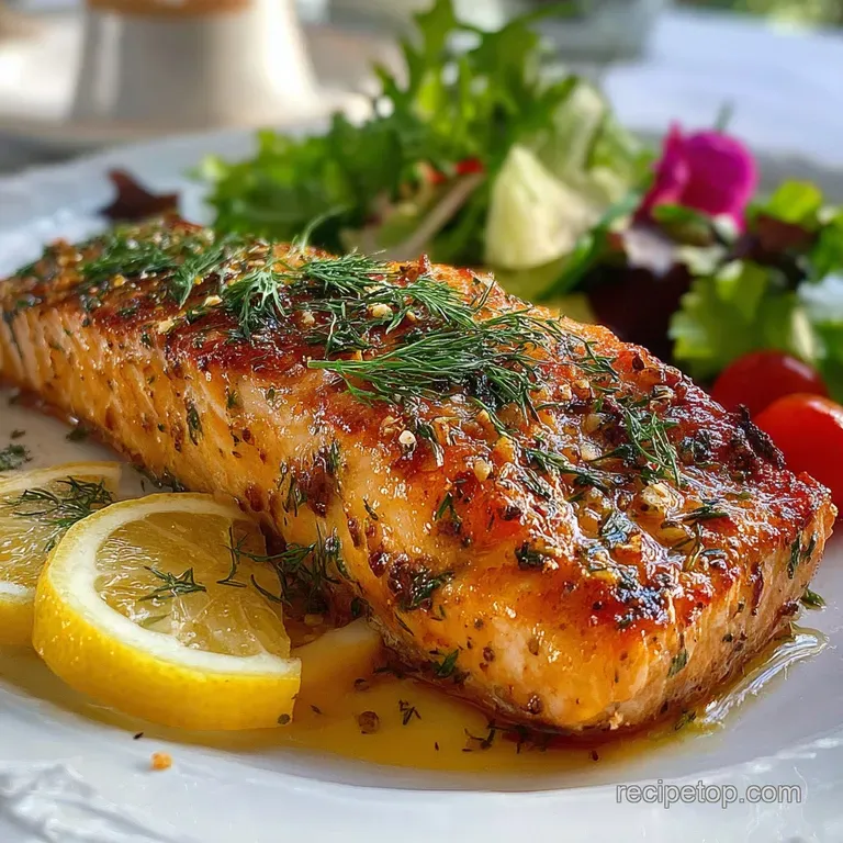 Perfectly seared salmon on a white plate, topped with bright dill sprigs. A restaurant-worthy dinner, ready to be savored.