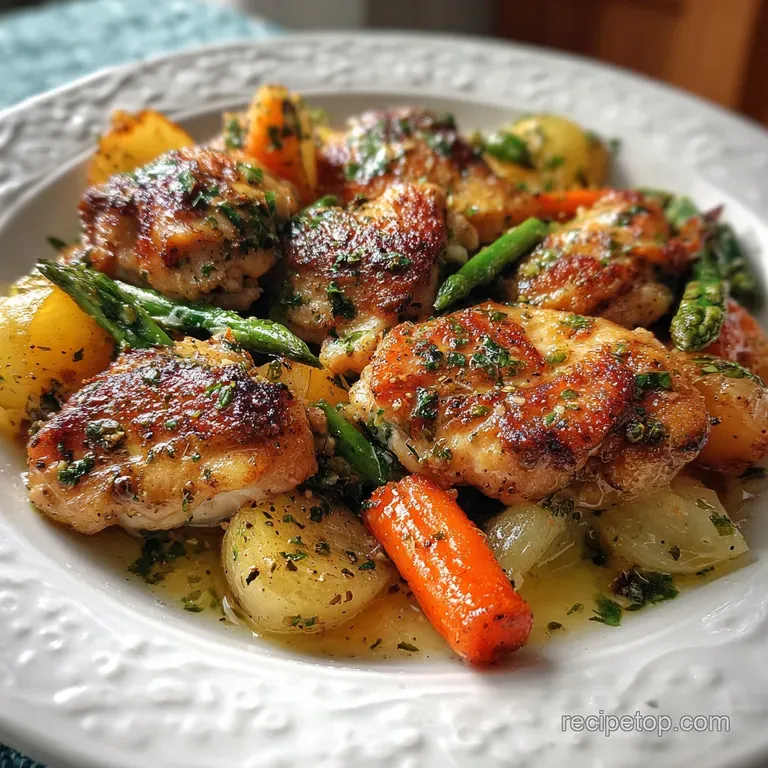 Close-up of a plated chicken breast atop roasted vegetables, glistening with buttery sauce and herbs. Inviting, flavorful ...