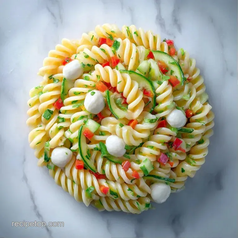 A large ceramic platter filled with colorful pasta, cubed cheese, and sliced olives garnished with fresh herbs.