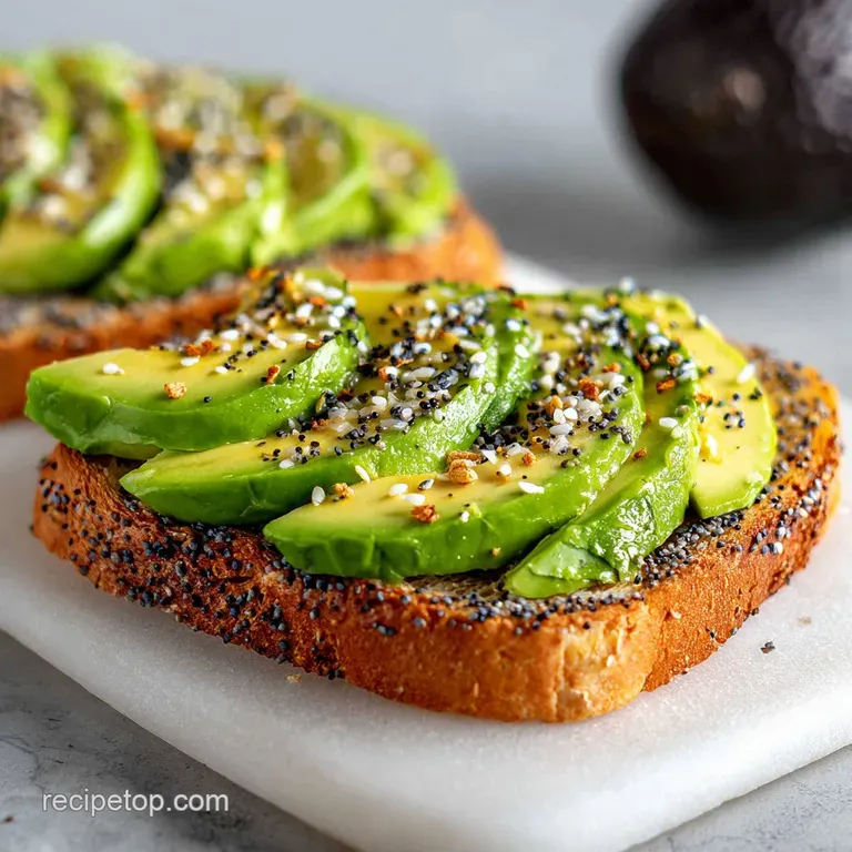 Avocado toast on a white plate, sprinkled with seasoning, alongside a bright yellow lemon wedge and delicate microgreens.