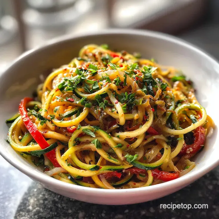 Swirls of bright zoodles elegantly piled high, a light sheen of sauce catching the light. Fresh herbs adorn this healthy, ...