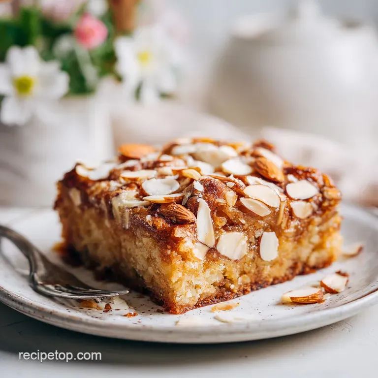 Warm blondie square topped with powdered sugar and sliced almonds on a white plate. Hints of gooey frangipane.