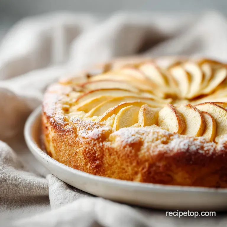 Slice of rustic apple almond cake on a white plate. Toasted almonds scattered around with a light caramel drizzle detail.
