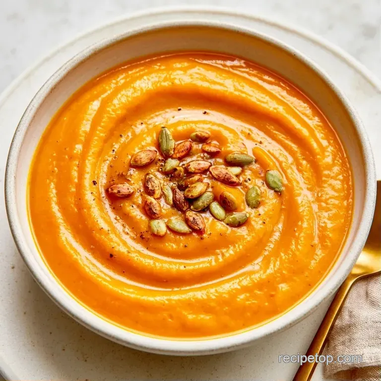 A white bowl of golden-orange soup topped with toasted pumpkin seeds and a drizzle of olive oil on a linen napkin.