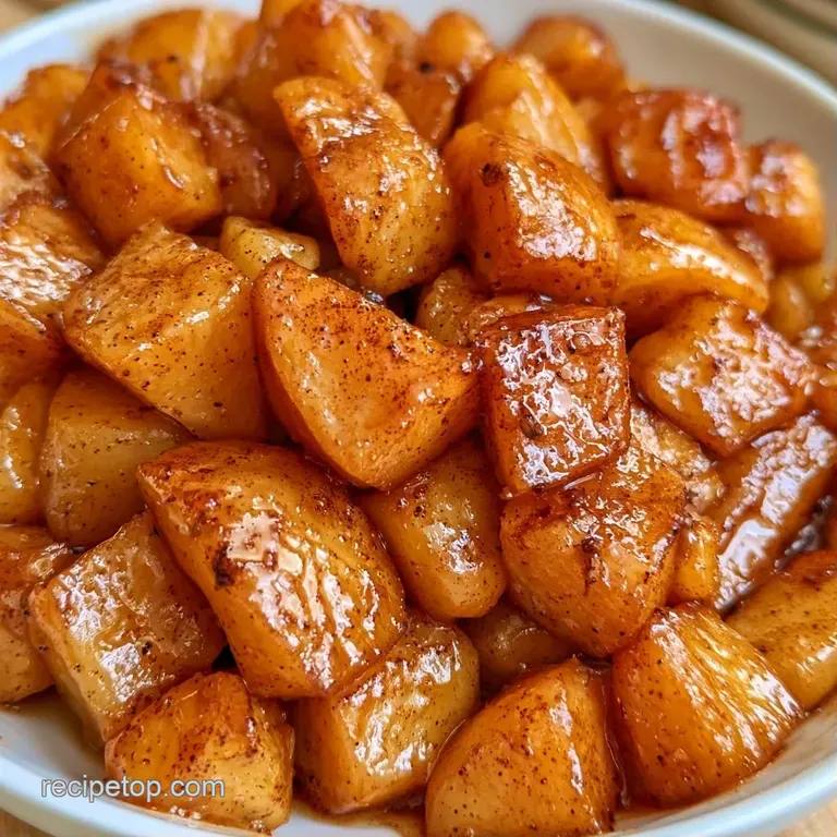 Golden saut&eacute;ed apple chunks served in a glass bowl with a swirl of amber syrup and a dusting of cinnamon.