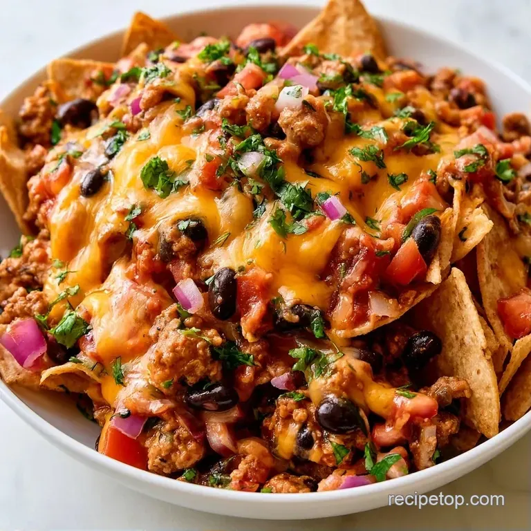 Crispy tortilla chips topped with gooey golden cheese, diced tomatoes, and fresh cilantro on a wooden board