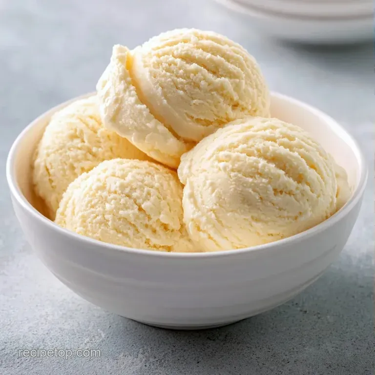 Elegant scoops of velvety white cream in a chilled glass bowl, topped with a single berry and a mint leaf garnish.